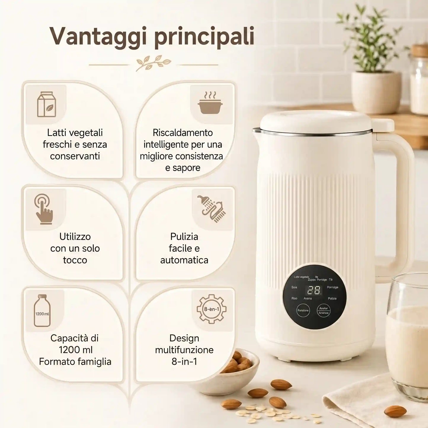 VitaMixia - Multifunzione 8 in 1 per Preparare Bevande Vegetali, Succhi e Molto Altro.